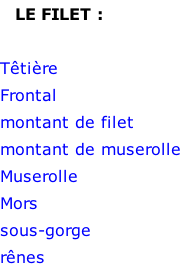 LE FILET :  Têtière Frontal montant de filet montant de muserolle Muserolle Mors sous-gorge rênes